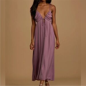 Lulus- Confidence Check Dusty Purple Satin Tie-Back Maxi Dress